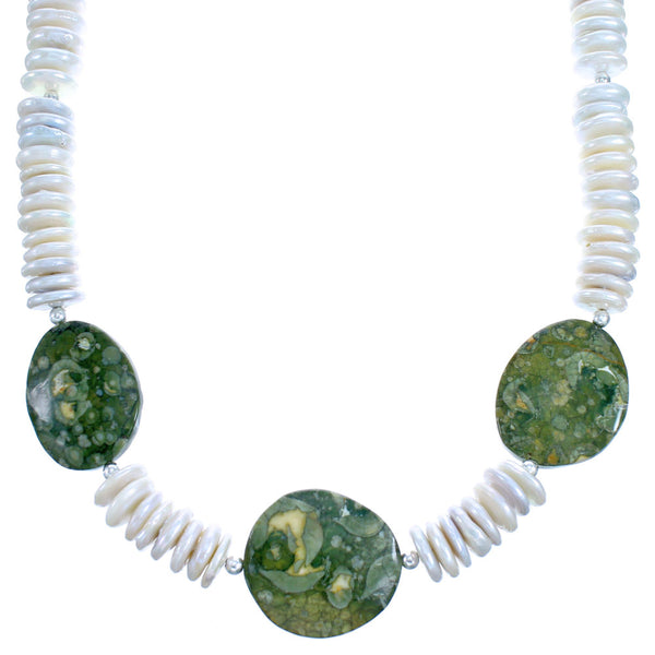 Sterling Silver Rhyolite And Fresh Water Pearl Bead Necklace SX115292